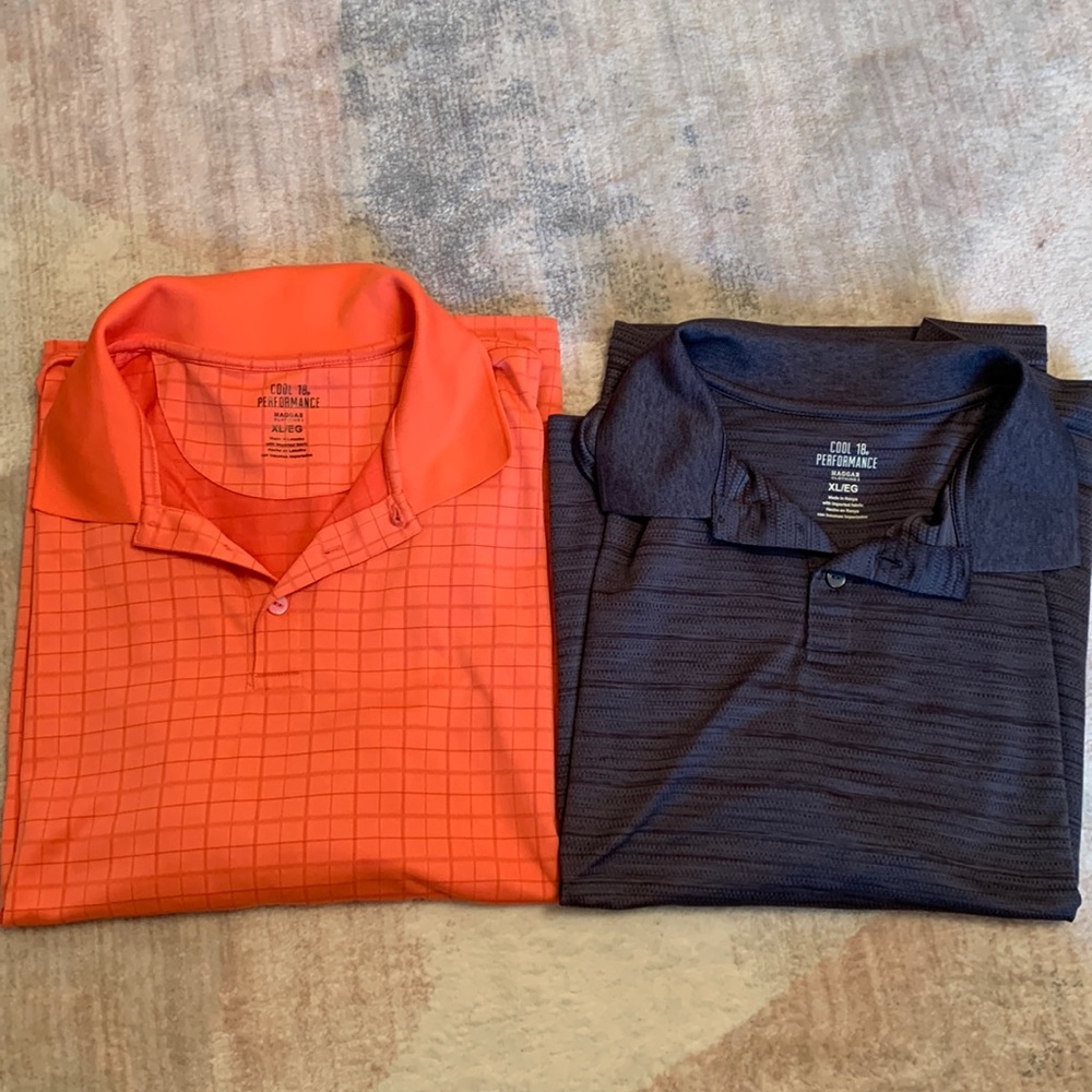 BUNDLE - 2 Cool 18 Performance Men’s XL golf polos (grey and coral)